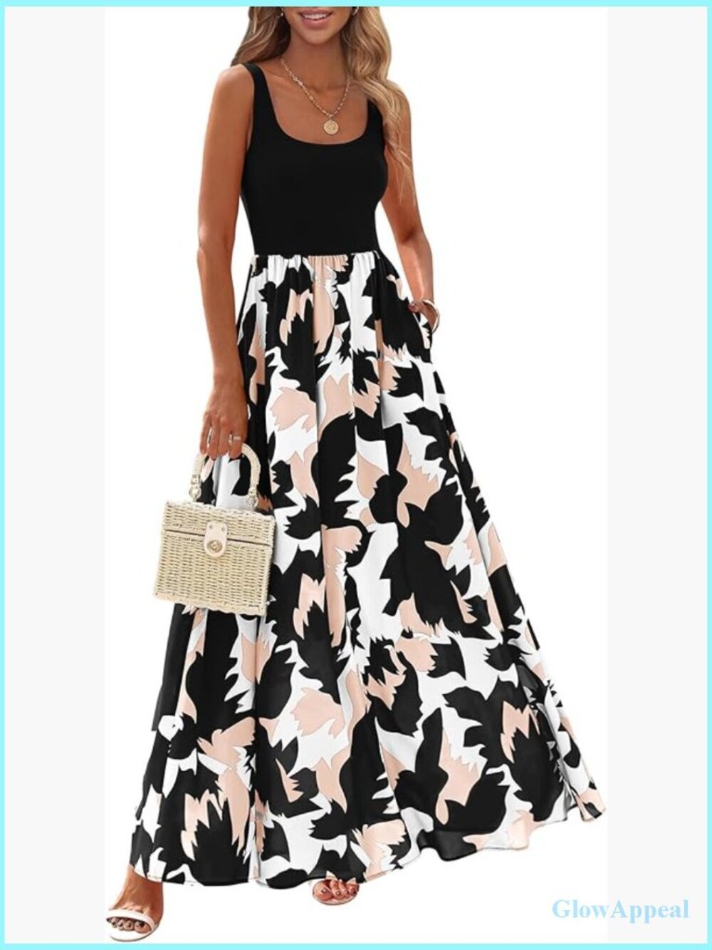 Sleeveless Boho Floral Maxi Dress with Pockets Summer Sundress
